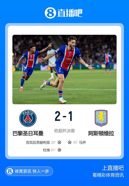 卫冕欧超杯！巴黎2-1维拉 K77杜埃破门登贝莱替补送助攻