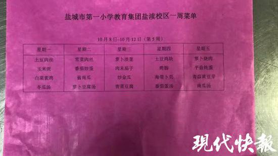 学校一周伙食表 校方供图