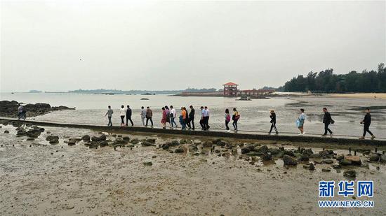 在钦州市三娘湾风景区,游客准备坐船出海观赏中华白海豚(4月17日摄)。新华社记者张爱林摄