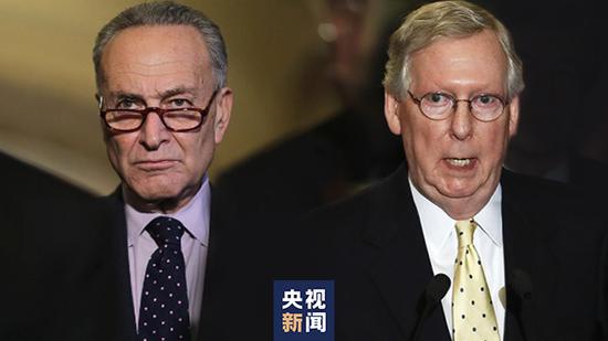 △美国国会参议院少数党(民主党)首脑 舒默(左)美国国会参议院多半党(共和党)首脑 麦康奈尔(右)