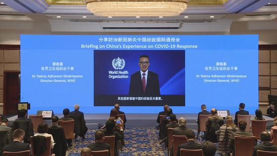 3月12日,中国与世界卫生组织在北京以视频连线方式举办新冠肺炎防治