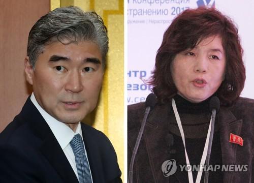 美国驻菲大使金成(左)与朝鲜外务省副相崔善姬 图片来源:韩联社