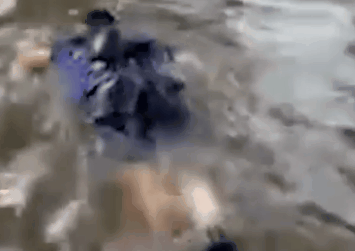 抖音用户@敖爽爽 用手机记录了一幕因为积水过深，一名男性在积水中潜水而过。