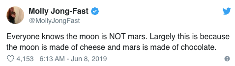 人人都知道月球不属于火星。主要是因为月球是奶酪做的,火星的巧克力做的。