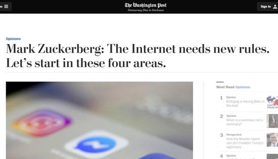  ▲马克·扎克伯格：互联网需要新规则。让我们从以下四个方面着手。（via Washington Post）