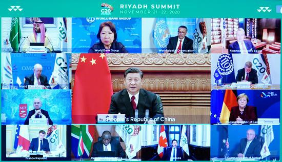 2020年11月22日,习近平出席二十国团体向导人第十五次峰会第二阶段集会。新华社记者 饶爱民 摄