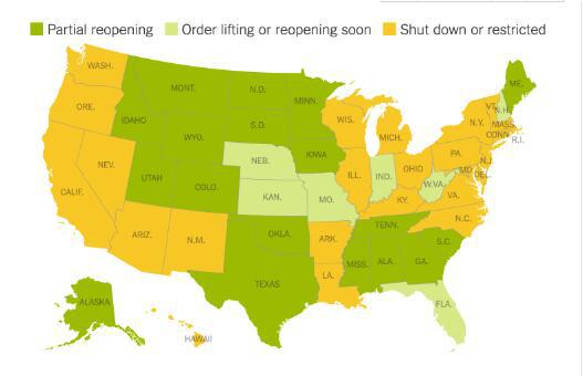 部分重启、即将重启和正在封锁中的州。（截自纽约时报）