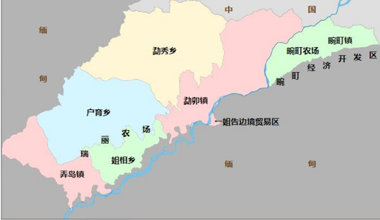  （图说：姐告边境贸易区，是中国唯一在中缅界河瑞丽江东岸的领土，三面与缅甸相连。）