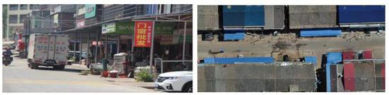 图3 马路市场沿线遮阳棚(右图为遮阳棚俯视图)