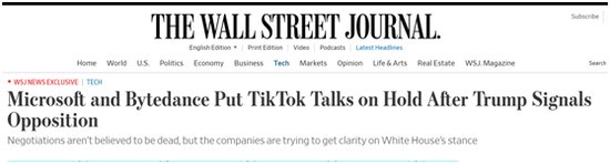 《华尔街日报》：特朗普表示反对后，微软暂停与字节跳动关于TikTok的谈判