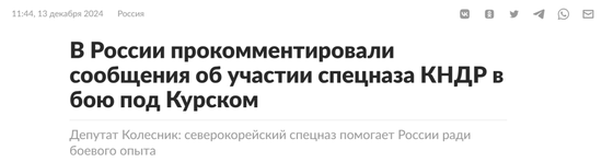 俄羅斯連塔網發表主題為「北韓特種部隊參與俄庫爾斯克地區戰鬥」的評論文章。圖源：俄連塔網