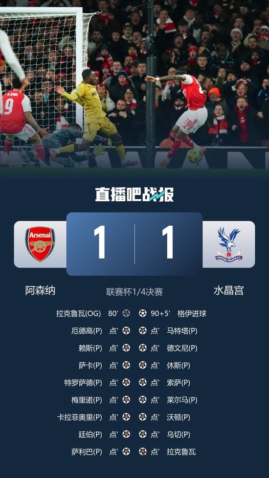 阿森纳1-1点球8-7水晶宫进联赛杯四强 格伊绝平拉克鲁瓦乌龙+失点