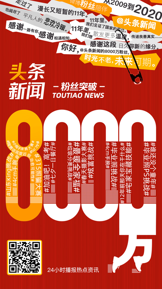 头条新闻微博粉丝破8000万，@联合国发来贺电！