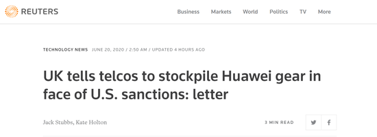 路透社:信件显示,面对美国制裁,英国要电信运营商储存华为设备
