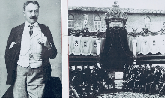 △画左为设计祖国祭坛的建筑师朱塞佩·萨科尼（Giuseppe Sacconi），他在1895年设计了祖国祭坛。画右为祖国祭坛奠基仪式。