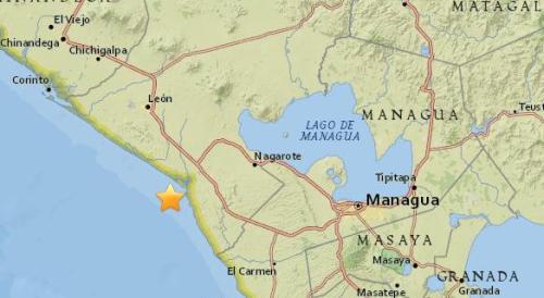 尼加拉瓜西部附近海域发生5.3级地震。（图片来源：美国地质勘探局网站截图）