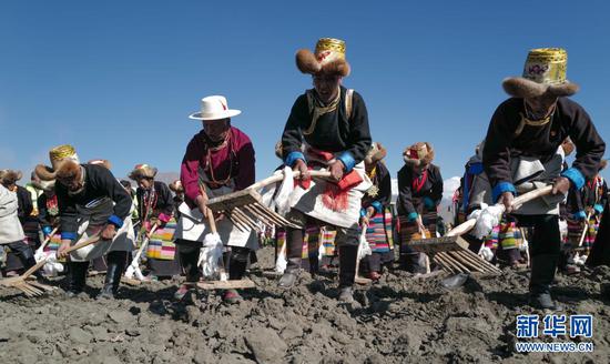 3月16日,西藏山南市乃东区克松社区住民加入春耕典礼。新华社记者 孙瑞博 摄