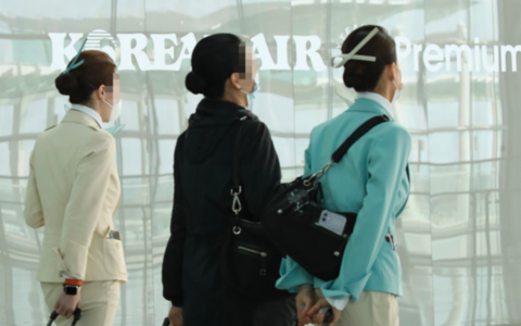疫情加重,韩国空姐戴口罩工作(韩联社)