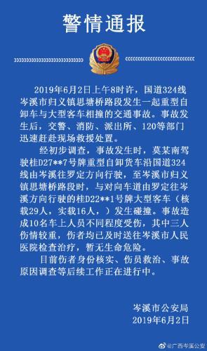 大客车与重型货车在广西岑溪相撞 致10人受伤