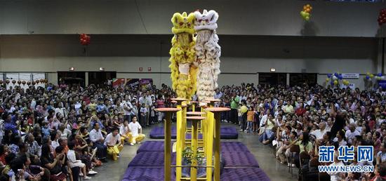 这是2009年1月25日,在巴拿马首都巴拿马城,来自中国广东的湛江文车龙狮艺术团表演“高桩醒狮”,庆祝中国春节。新华社 王沛 摄