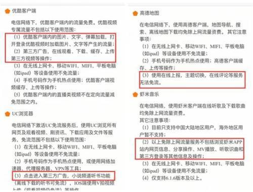 某定向流量卡说是不限流量，但设定了种种要求，用户难以做到不使用套餐外流量。APP截图