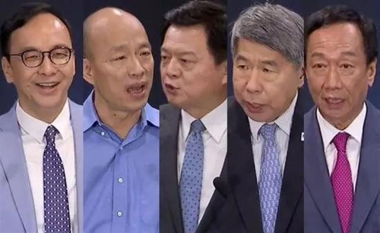 参加国民党初选民调的五位参选人,从左至右为朱立伦、韩国瑜、周锡玮、张亚中、郭台铭(图源:中时电子报)