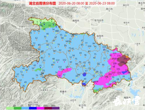 图为入梅后第四轮强降雨湖北雨情漫衍图