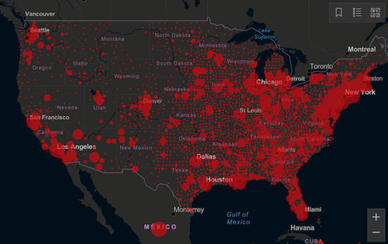  美国疫情地图 来源：约翰斯·霍普金斯大学