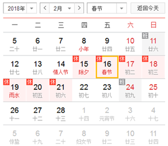 在2018年2月的日历上,农历和阳历一一对应。