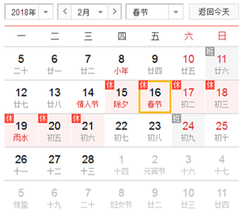 在2018年2月的日历上，农历和阳历一一对应。