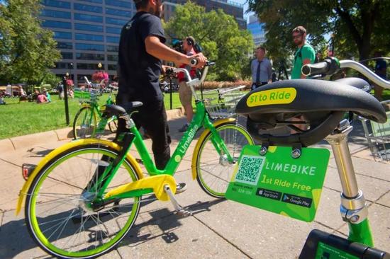 ▲LimeBike出现在美国首都华盛顿。(法新社)