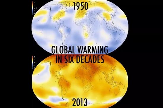 ▲1950年~2013年，60年间全球温度变化   图据NASA
