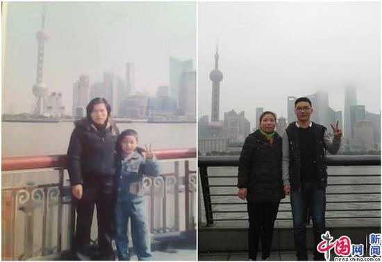 董常芳10岁时和20岁时与母亲在上海外滩合影。