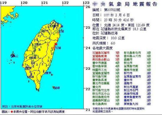 台湾气象局发布的地震报告。