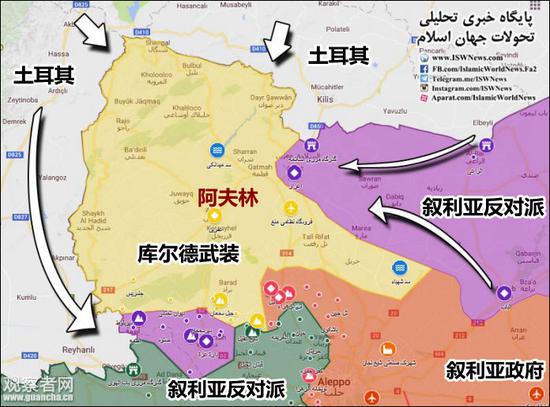 土耳其行动前的阿夫林地区局势(图源:观察者网)