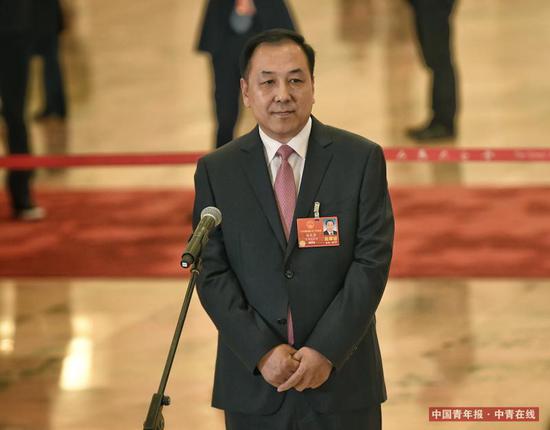 天津市滨海新区区委副书记、区长杨茂荣在“代表通道”接受采访。中国青年报·中青在线记者 王婷舒/摄