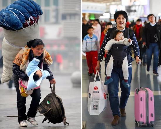 左图：2010年1月30日，一位背负着超大行李的母亲怀抱孩子在南昌火车站匆忙赶车（新华社记者周科摄）；右图：2018年2月6日，在广州工作的陈小林带着一岁多的女儿，在西安咸阳机场乘飞机去广州（新华社记者陶明摄）。