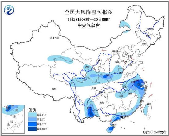 中国天气网:寒潮蓝色预警：今明天华北江南等局地降温超10℃