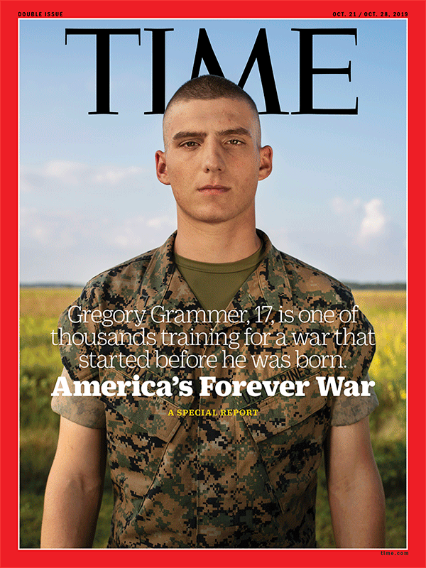 2019年10月，《时代》杂志封面：美国的永久战争。数位17岁青年为一场在其出生前就开始的战争接受训练。