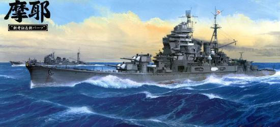 ▲二戰日本重巡“摩耶”號的模型封繪圖,可見該艦的艏樓前只有2座主炮塔,比姊妹艦少一座。