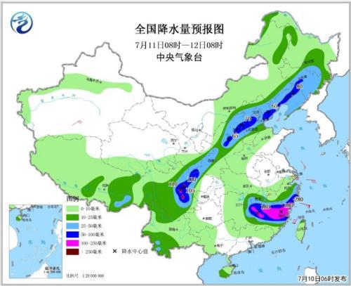 图4 全国降水量预报图(7月11日08时-12日08时)