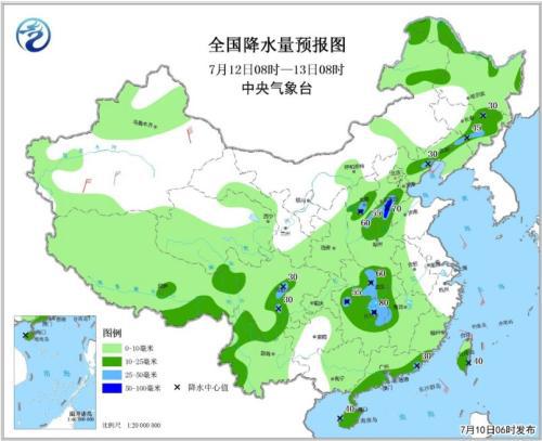 图5 全国降水量预报图(7月12日08时-13日08时）