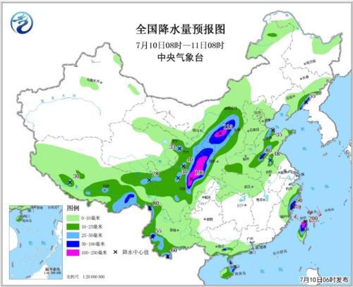 图3 全国降水量预报图(7月10日08时-11日08时)