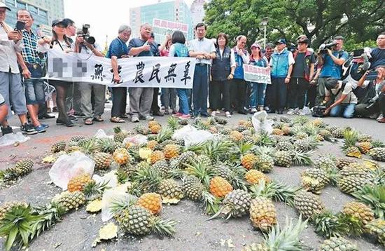 ▲台湾果农在行政主管部门大门外砸凤梨抗议价格跌惨。（台湾《联合报》）