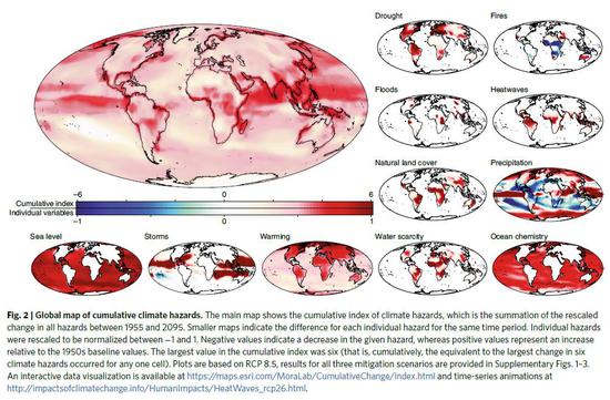 全球气候灾害数量累计图。左侧主图显示了1955年至2095年间全球各类气候灾害的累计指数。小图显示了相同时间段内，不同地区发生某一特定灾害的情况。蓝色为负值，代表着与20世纪50年代的基值相比，某地发生该灾害的次数减少。红色为正值，代表着与20世纪50年代的基值相比，某地发生该灾害的次数增加。颜色深浅程度代表灾害发生的次数，颜色越深，气候灾害的发生次数越多。