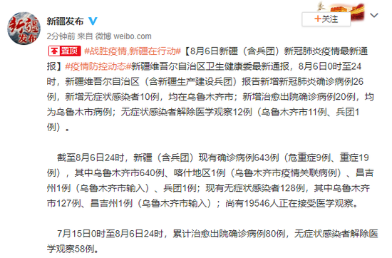 新疆(含兵团)新增确诊病例26例、无症状感染者10例