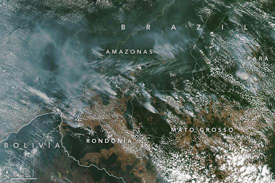 NASA卫星图像可以看到大火产生的烟雾 图自NASA