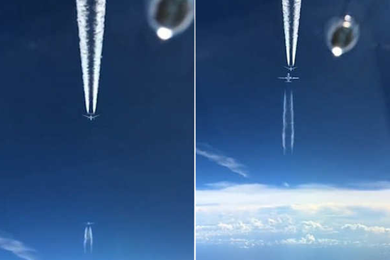 视频：罕见同框！一飞机反方向从两架飞机间“擦肩”
