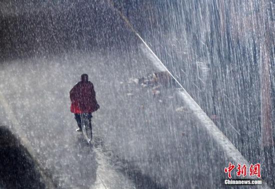资料图:市民在暴雨中骑行。 中新社发 胡国林 摄