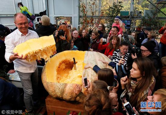 俄罗斯民众见证重达645公斤巨型南瓜切割仪式(图)
